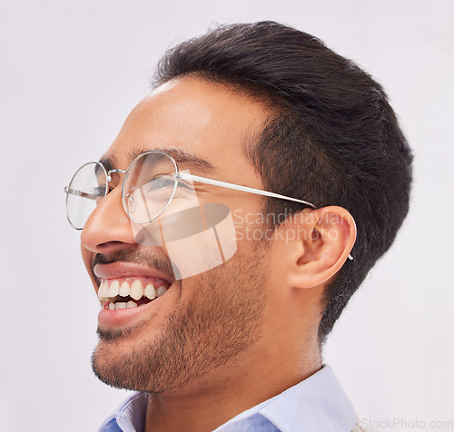 Image of Face, glasses and vision of happy man with a smile and new frames, eyewear and spectacles isolated in a studio white background. Head, optometry and excited young male person for eyecare