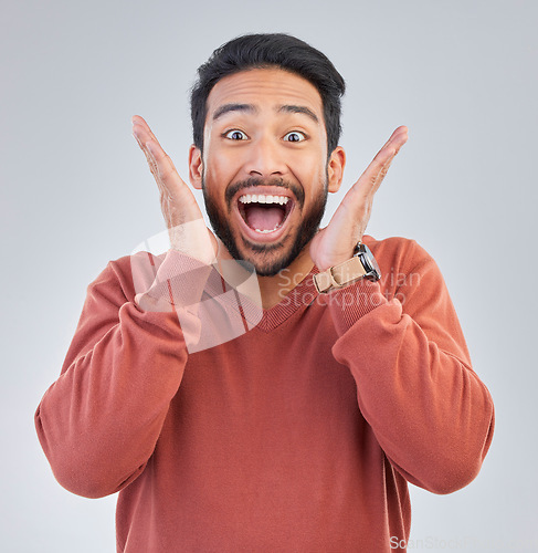 Image of Surprise, excited and portrait of man happy on white background with emoji, comic and facial expression. Wow mockup, omg and isolated male in studio with good news, celebration and winning success