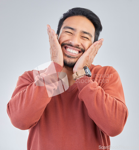 Image of Happy, smile and face of man on a white background with emoji, comic and facial expression in studio. Wow mockup, omg surprise and isolated excited male with good news, success and winner reaction