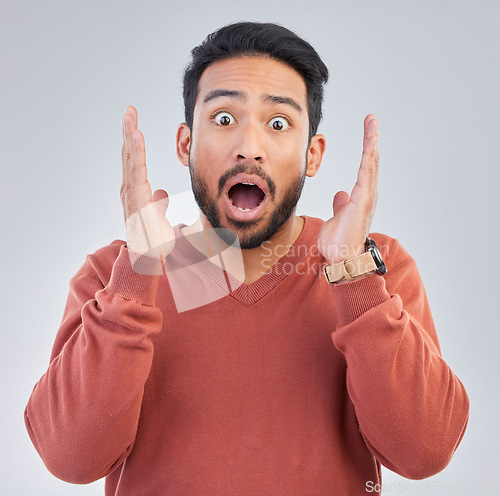 Image of Surprise, shock face and portrait of man on white background with emoji, comic and facial expression. Wow mockup, omg and isolated male in studio with shocking information, news or announcement