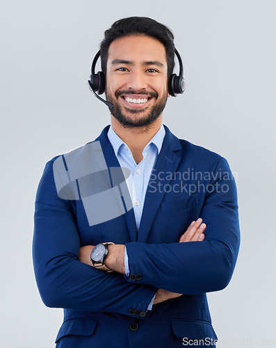 Image of Call center, customer service and portrait of man with smile for communication, consulting and crm network. Contact us, support mockup and happy male consultant in studio for help, service and sales