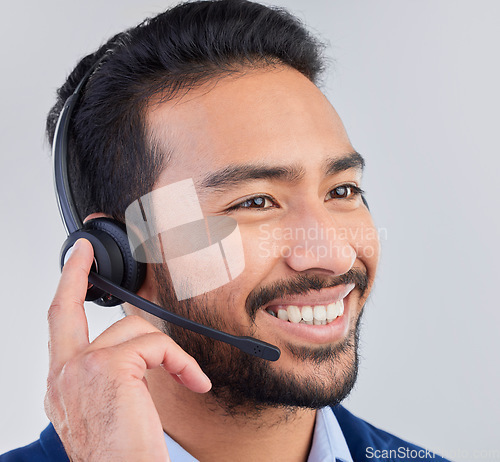 Image of Call center, microphone and face of man happy for communication, consulting and crm networking. Contact us, customer support mockup and male consultant smile in studio for help, service and sales