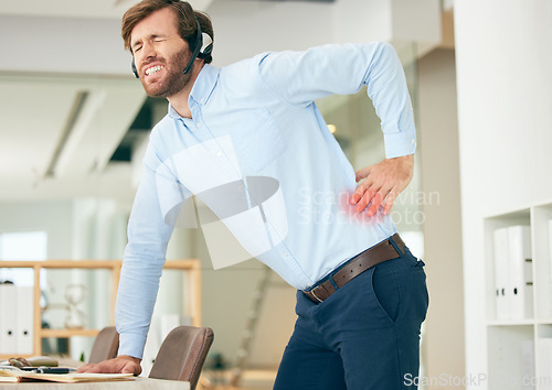 Image of Back pain, customer support consultant and business man with medical problem, hurt spine or emergency crisis. Backache, call center and telemarketing person with muscle strain, accident and injury