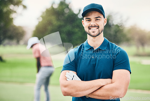 Image of Golf, sports and portrait of man with smile on course for game, practice and training for competition. Professional golfer, fitness and happy male athlete ready for exercise, activity and recreation