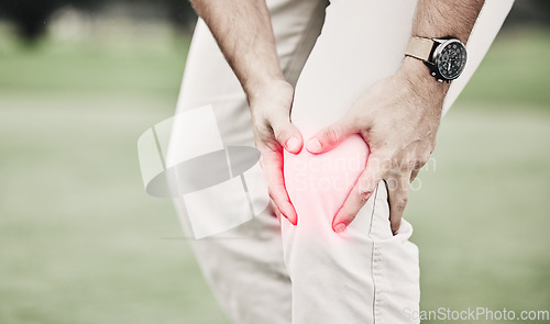 Image of Sports, injury and golf course, man with knee pain during game, massage and relief in health and wellness. Green, zoom on hands on leg in support and golfer with ache during golfing workout on grass.