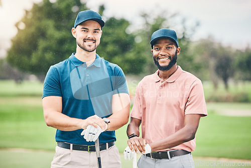 Image of Golf, sports and portrait of men with smile on course for game, practice and training for competition. Professional golfer, relax and happy friends ready for exercise, fitness activity and golfing