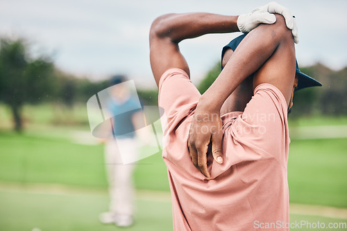 Image of Golf, sports and black man stretching arms on course for game, practice and training for competition. Professional golfer, fitness and happy male athlete warm up for exercise, golfing and activity