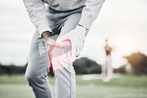Image of Sports, injury and golf course, black man with knee pain at game, massage and relief in health and wellness. Green, zoom on hands on leg in support and golfer with ache at golfing workout on grass.