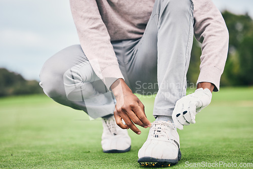 Image of Sports, laces and shoes of man on golf course for training, games and tournament match. Ready, start and tying with male athlete playing in club on lawn field for relax, golfing and competition