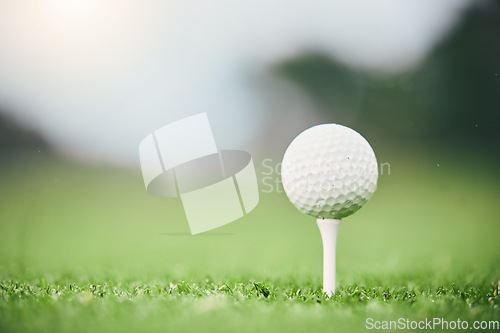 Image of Sports, golf ball and tee on course in club for competition match, tournament and training. Target, challenge and games with equipment on grass field for practice, recreation hobby and practice