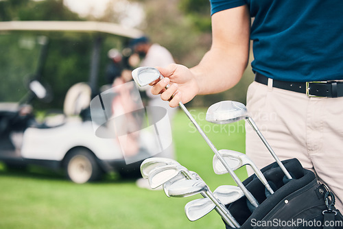 Image of Golf, choose club and hands of man with bag on course ready to start game, practice and training for competition. Professional golfer, golfing and male caddy for exercise, fitness and recreation