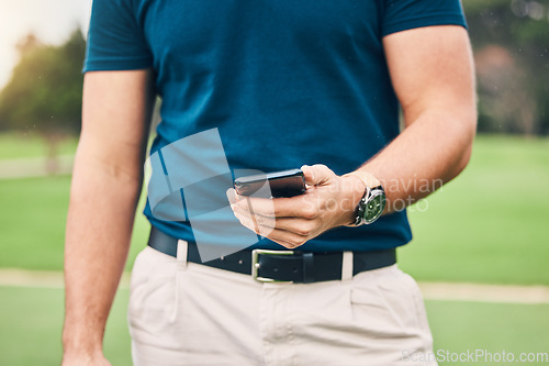 Image of Man, hands and phone in communication on golf course for sports, social media or networking in the outdoors. Hand of sporty male holding smartphone for mobile app, golfing research or browsing