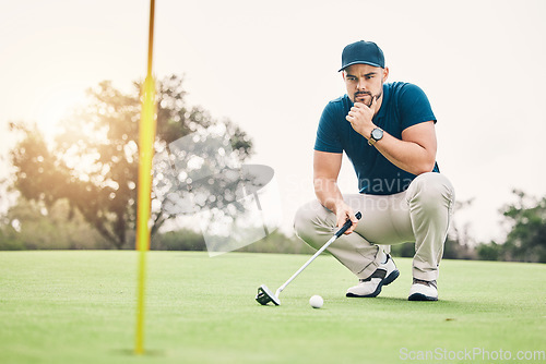 Image of Thinking, sports and hole with man on golf course for training, competition match and planning. Games, challenge and tournament with athlete playing on field for exercise, precision and confidence