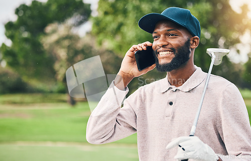 Image of Black man, phone call and communication on golf course for sports conversation or discussion outdoors. Happy African male smiling and talking on smartphone while golfing for sport hobby in nature