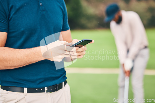 Image of Man, hands and phone in social media on golf course for sports, communication or networking outdoors. Hand of sporty male chatting or texting on smartphone mobile app for golfing research or browsing