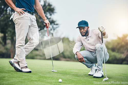 Image of Planning, sports and golf with black man on field for training, competition match and thinking. Games, challenge and tournament with athlete playing on course for exercise, precision and confidence