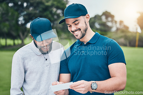 Image of Golf, smile and men with sports scorecard for recording or writing match, competition or game results. Golfing course, fitness and happy people or friends with card or paper to record goals on field.