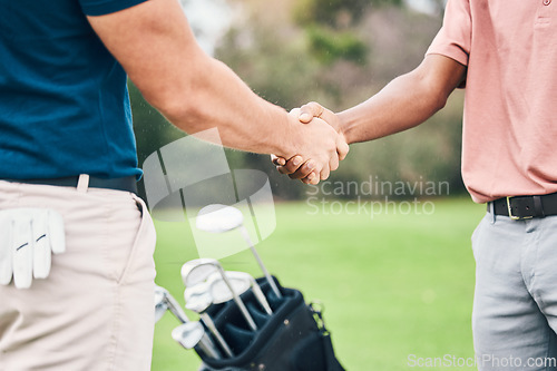 Image of People, handshake and golf sport for partnership, trust or unity in community, collaboration or teamwork on grass field. Team of sporty players shaking hands on golfing course for club, game or match