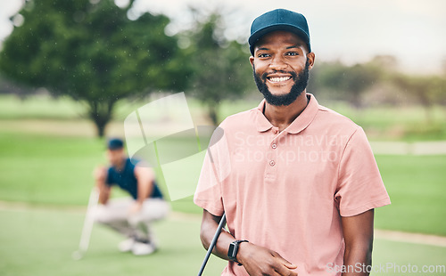 Image of Golf, sports and portrait of black man with smile on course for game, practice and training for competition. Professional golfer, fitness and happy male athlete for exercise, fun activity and golfing