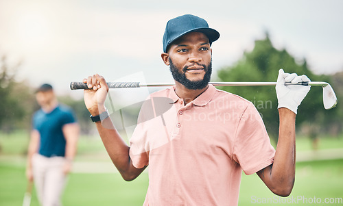 Image of Golf, sports and black man on course with golfing club for game, practice and training for competition. Professional golfer, relax and happy male athlete ready for exercise, activity and recreation