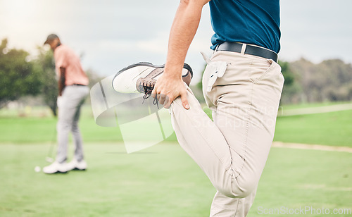 Image of Golf, sports and man stretching legs on course for game, practice and training for competition. Professional golfer, fitness and male athlete warm up for exercise, activity and golfing recreation