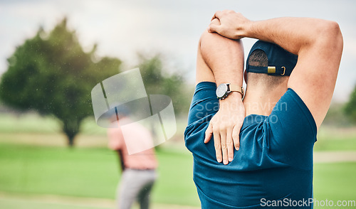 Image of Golf, sports and man stretching arms on course for game, practice and training for competition. Professional golfer, fitness and back of male athlete warm up to exercise, activity and outdoor golfing