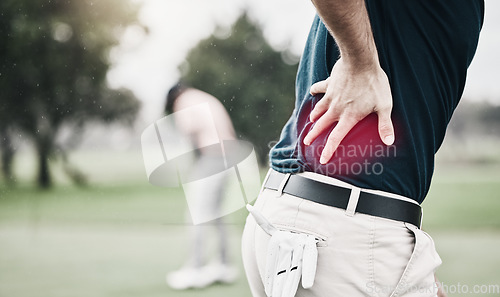 Image of Sports, injury and golf, man with back pain during game on course, massage and relief in health and wellness. Green, hands on spine in support and golfer with body ache during outdoor golfing workout