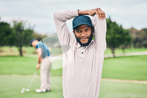 Image of Golf, sports and portrait of black man stretching on course for game, practice and training for competition. Professional golfer, happy and male athlete warm up for exercise, activity and golfing