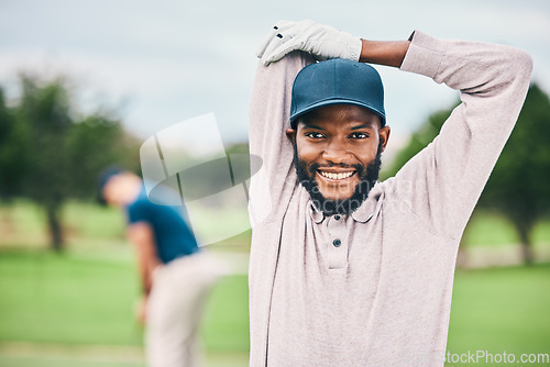 Image of Golf, smile and portrait of black man stretching arms on course for game, practice and training for competition. Professional golfer, sports and happy male athlete for exercise, activity and golfing