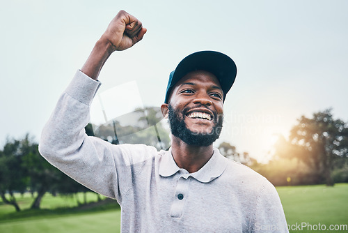 Image of Sports man, golf and celebrate win outdoor on field or course with pride and smile on face. Black male player or golfer with hand for celebration of success, victory or winning with par at club