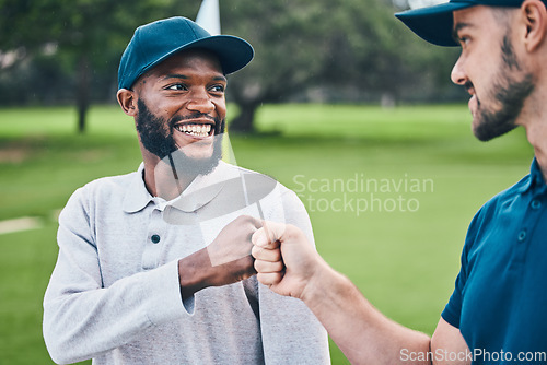 Image of Man, friends and fist bump on golf course for sports, partnership or trust on grass field together. Happy sporty men bumping hands or fists in teamwork collaboration for match, game or competition