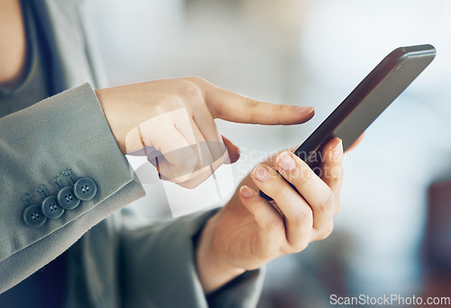Image of Social media, communication and typing hands with a phone for email, contact and internet. Business, web and a person on a mobile app for a chat, online conversation and replying to a message