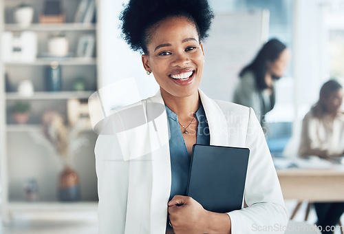 Image of Tablet, happy and portrait of businesswoman in the office with confidence while working on project. Leadership, smile and professional African female employee standing with mobile device in workplace