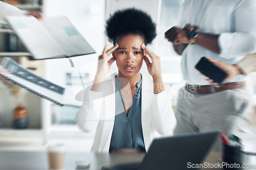 Image of Stress, headache and portrait of an overworked black woman with burnout, management anxiety and tired. Mental health, chaos and an African employee with people for work, migraine pain and busy