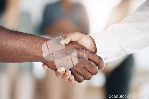 Image of Hiring, black man or businessman shaking hands in b2b meeting or startup project or financial deal. Teamwork, handshake zoom or African worker with job promotion success or partnership agreement