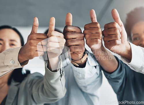 Image of Hands together, thumbs up and diversity, team and business people, solidarity and agreement with unity in workplace. Corporate community, support and zoom with professional group and collaboration