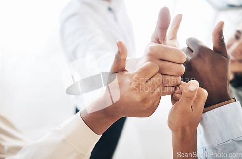 Image of Hands, thumbs up or business people in agreement, support or collaboration together in office. Corporate community teamwork, diversity or zoom of group of employees with solidarity, yes or like sign