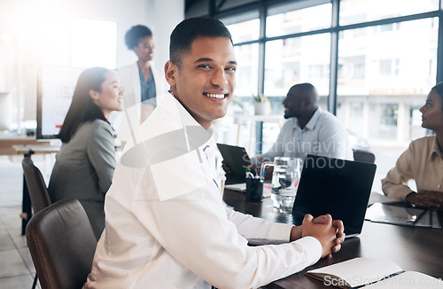 Image of Portrait, business and man in meeting, success and conversation for new project, group and management. Face, male employee and happy consultant with staff, teamwork and communication for planning