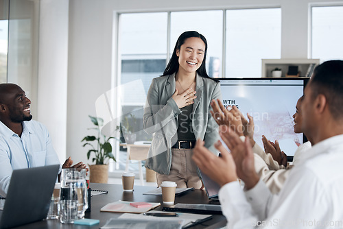 Image of Presentation success, applause or happy business woman, manager or speaker with growth strategy on screen. Asian presenter, wow or people in seminar or conference audience clapping to support ideas