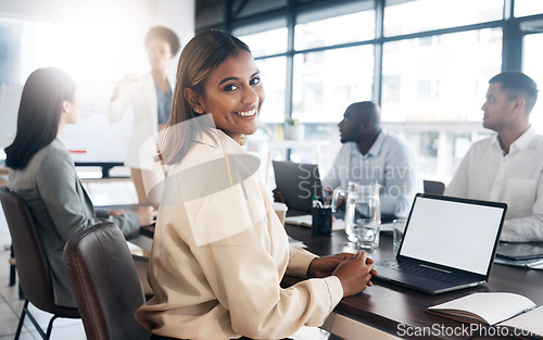 Image of Business woman in portrait in office meeting with career mindset for online planning on laptop screen mockup for workshop. Face of professional indian person or employee on computer in job conference