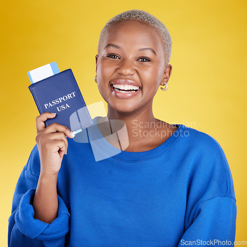 Image of Happy woman face with passport isolated on yellow background for USA travel opportunity, immigration or holiday. Identity documents, flight ticket and excited portrait of young black person in studio