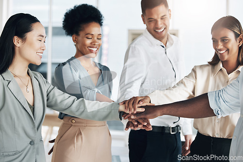 Image of Team building, hands together or happy business people in meeting or group project for motivation. Diversity, mission or employees in collaboration for our vision, strategy plan or target goals