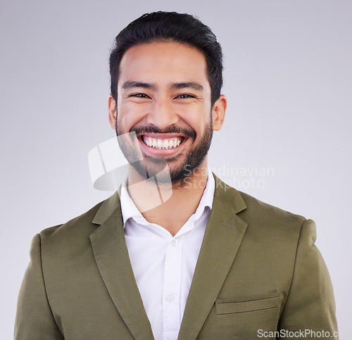 Image of Smile, happy and portrait of business man in studio for success, confidence mindset and leadership. Corporate manager, startup ceo and excited face of male on white background in professional clothes