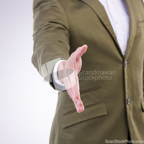 Image of Hand, thank you and businessman handshake gesture for partnership isolated in a studio white background. Professional, employee and corporate person or worker with greeting offer to welcome