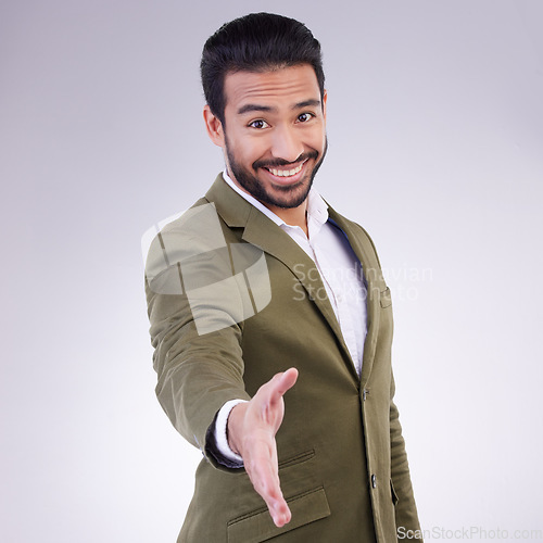 Image of Thank you portrait of businessman handshake gesture with a smile and happy isolated in a studio white background. Professional, employee and man corporate worker shaking hand offer to welcome