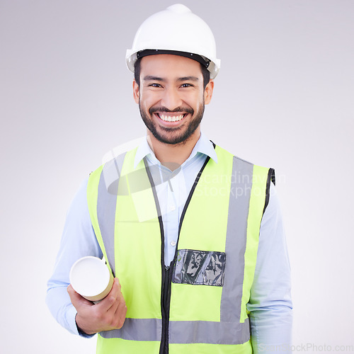 Image of Portrait of construction worker man isolated on a white background engineering, architecture and design career. Happy face of asian builder, contractor or industrial person with safety gear in studio