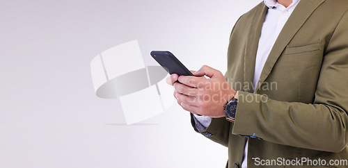 Image of Businessman, hands and phone typing on mockup for social media or communication against a white studio background. Hand of isolated employee man texting, chatting or browsing on mobile smartphone app