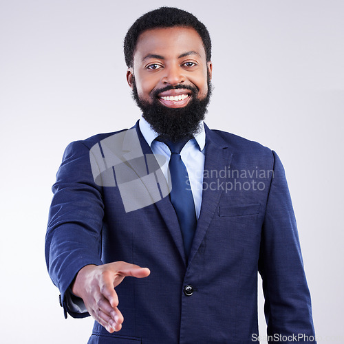 Image of Handshake, offer of black man portrait isolated on gray background welcome, thank you or client partnership pov. Corporate person shake hands for business congratulations, deal or studio introduction