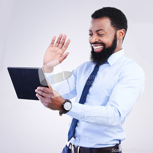 Image of Tablet, video call and man isolated on gray background in online meeting, global networking and business webinar. African corporate person waves hello on digital tech, virtual communication in studio