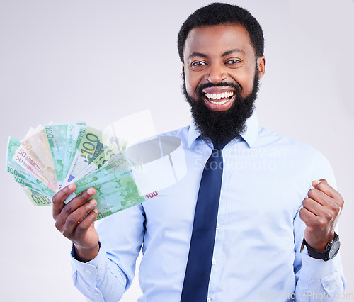 Image of Winner, money and portrait of black man in studio for lottery investment and wealthy. Success, payment and profit with male holding cash isolated on white background for cashback, salary and rich